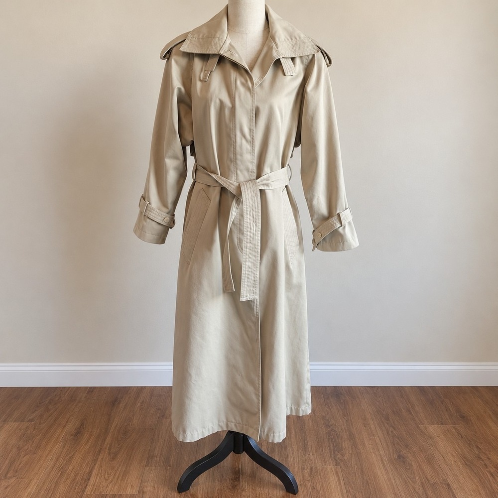 Vintage 70s 80s Womens Trench Coat Size 8 Beige Khaki Belted Long Raincoat